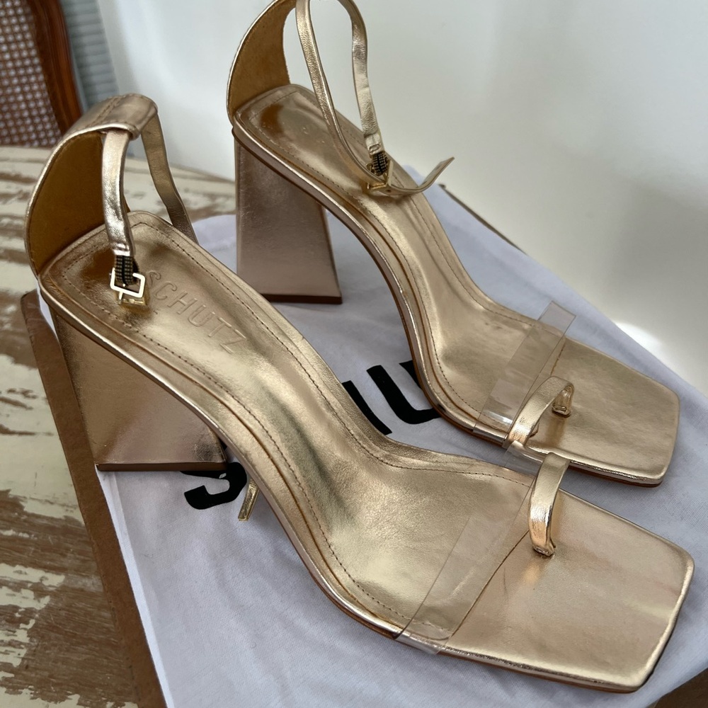Schutz Gold Open Toe Block Heel